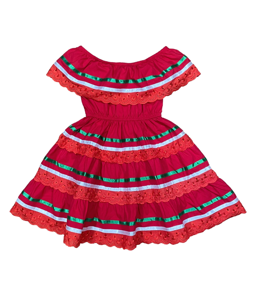 Girl's Red Traditional Mexican Dress with Lace Trims (2-4) (5-8) (10-14) $10.00 Per Piece. DR1949