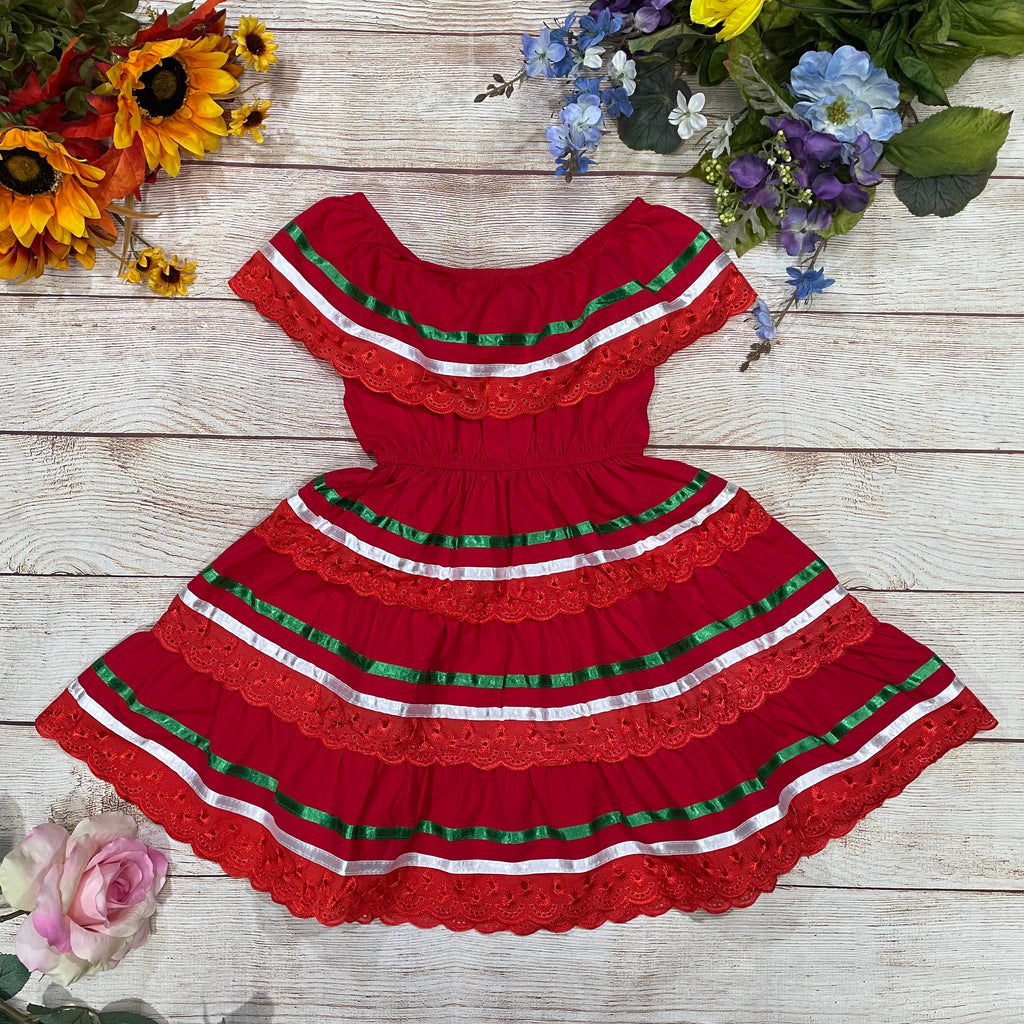 Girl's Red Traditional Mexican Dress with Lace Trims (2-4) (5-8) (10-14) $10.00 Per Piece. DR1949
