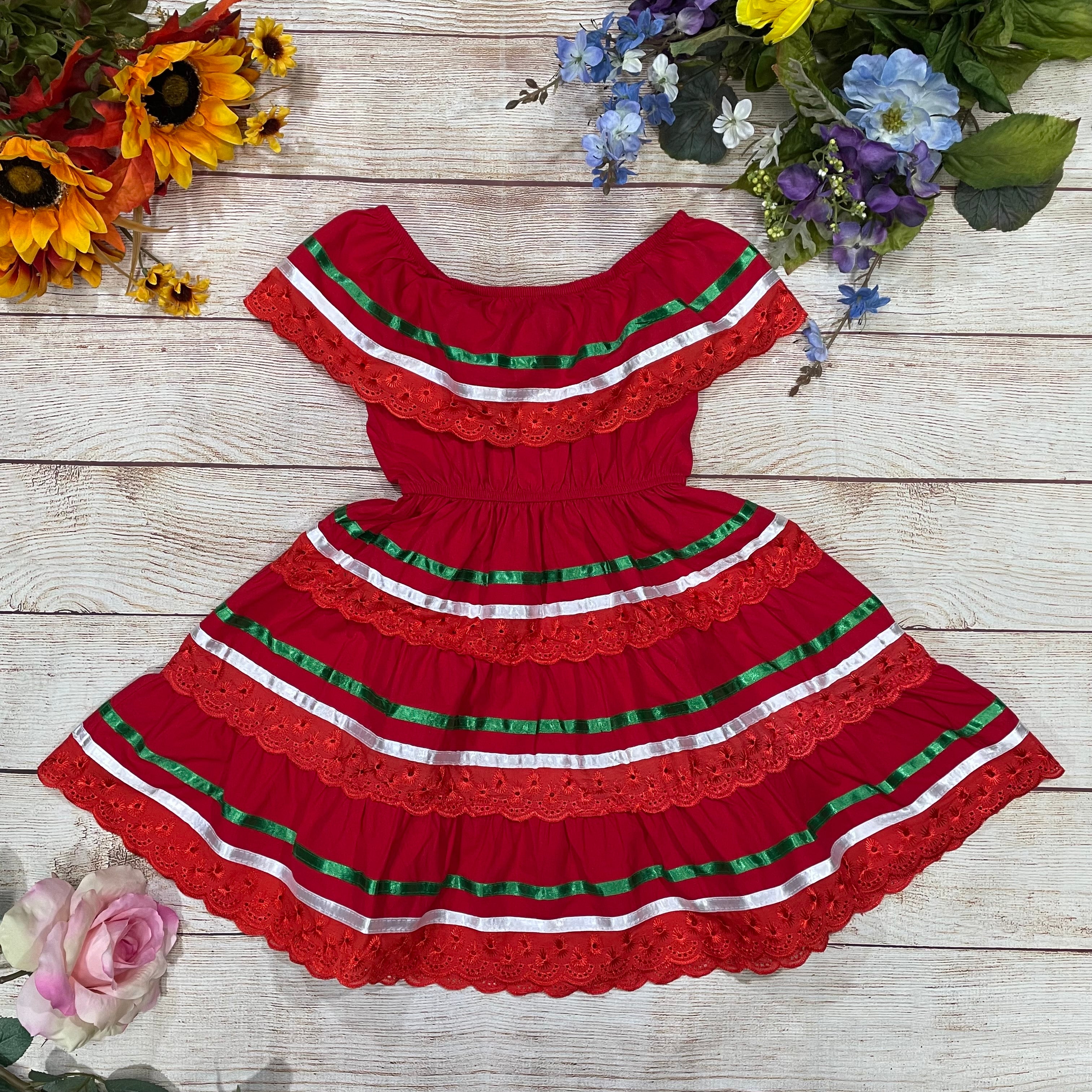 Girl's Red Traditional Mexican Dress with Lace Trims (2-4) (5-8) (10-14) $10.00 Per Piece. DR1949