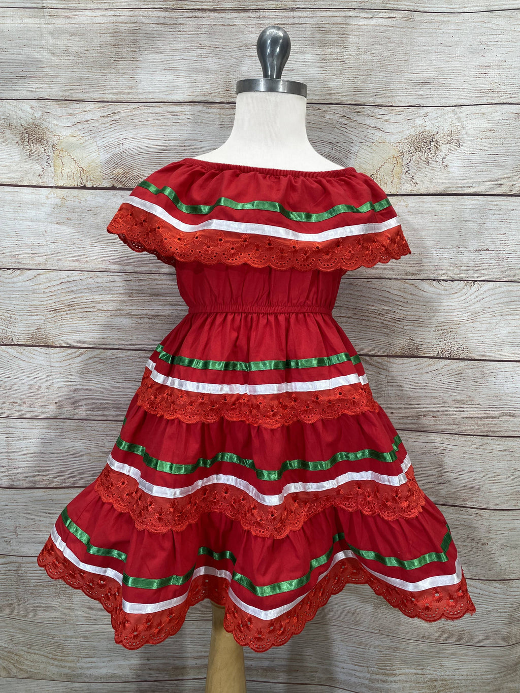 Girl's Red Traditional Mexican Dress with Lace Trims (2-4) (5-8) (10-14) $10.00 Per Piece. DR1949