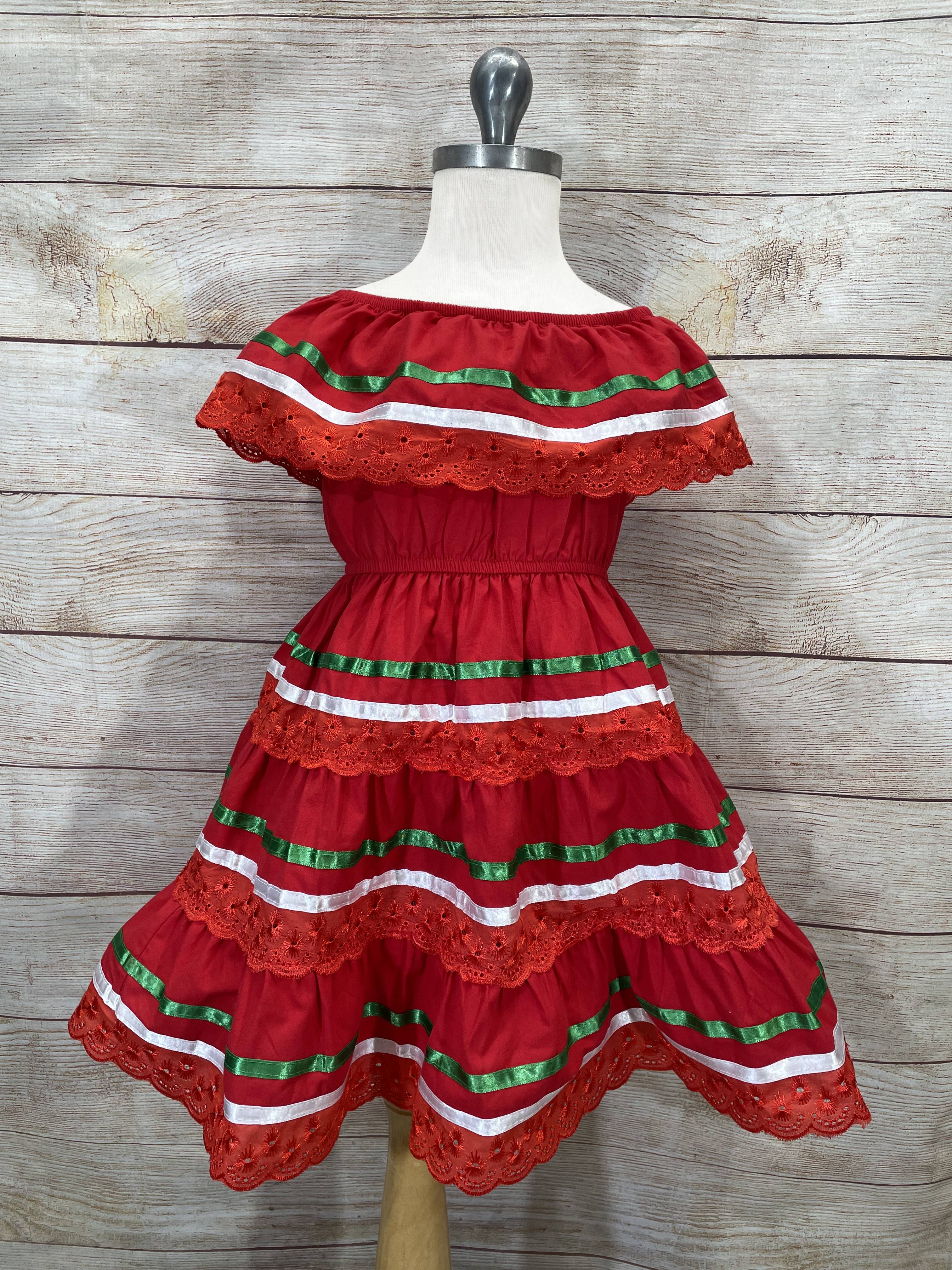 Girl's Red Traditional Mexican Dress with Lace Trims (2-4) (5-8) (10-14) $10.00 Per Piece. DR1949
