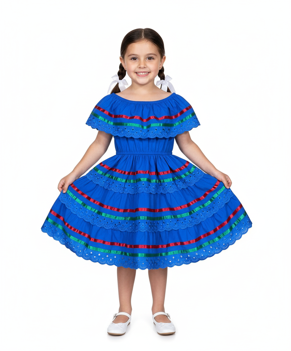 Girl's Royal Blue Traditional Mexican Dress with Lace Trims (2-4) (5-8) (10-14) $10.00 Per Piece. DR1949