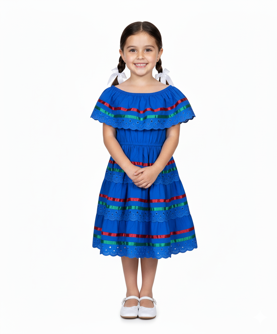 Girl's Royal Blue Traditional Mexican Dress with Lace Trims (2-4) (5-8) (10-14) $10.00 Per Piece. DR1949