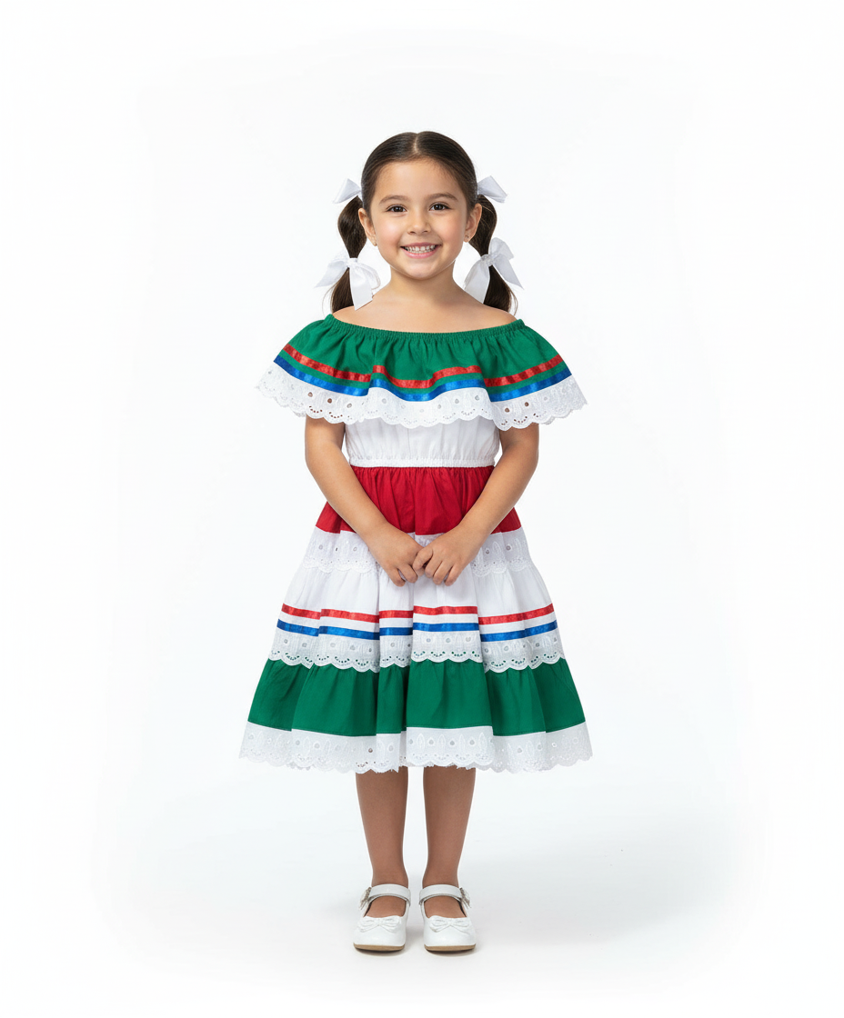 Girl's Royal/Green Traditional Mexican Dress (2-4) $10.00 (5-8) $10.00 and (10-14) $10.00 Per Piece. DR1949