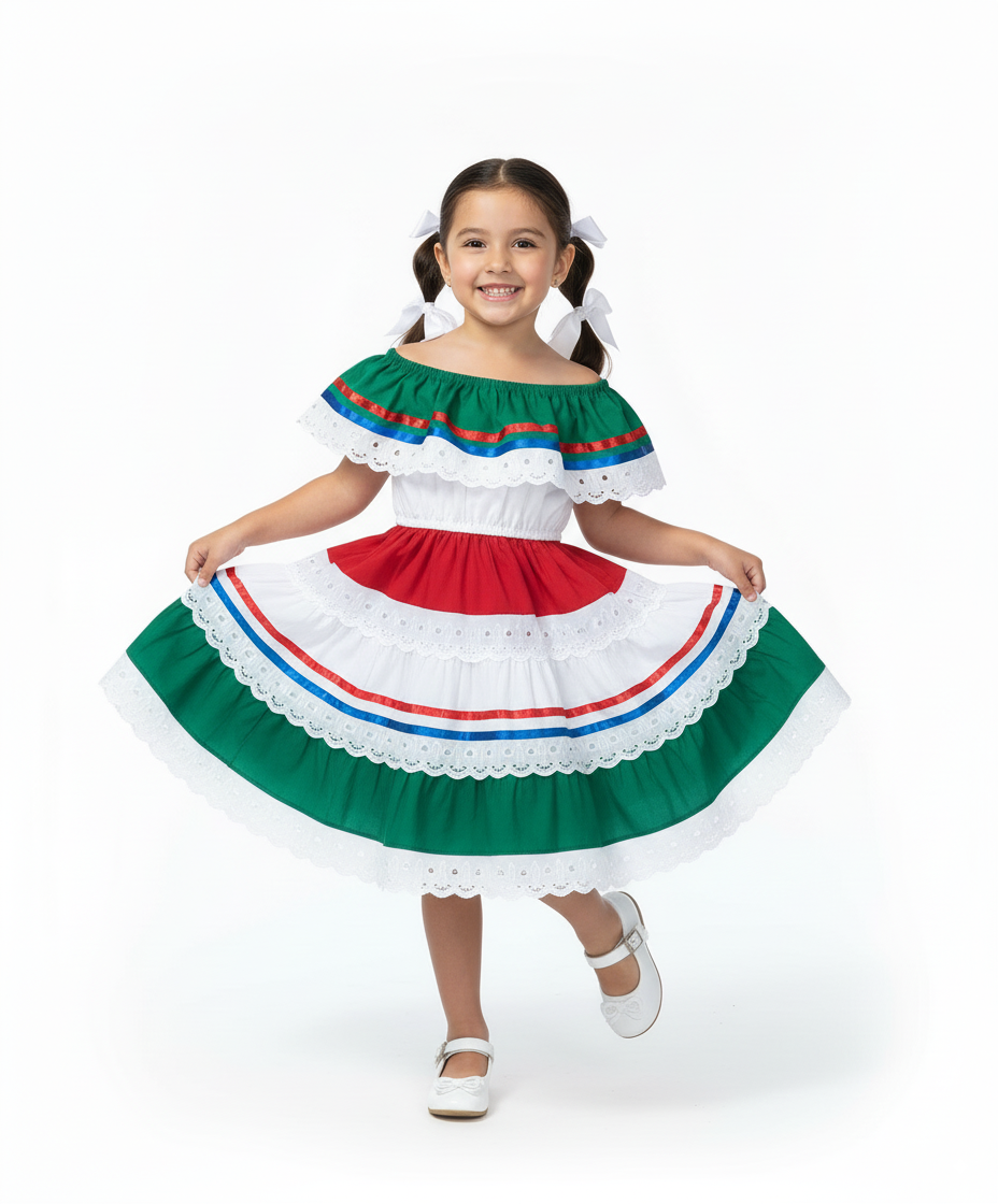 Girl's Royal/Green Traditional Mexican Dress (2-4) $10.00 (5-8) $10.00 and (10-14) $10.00 Per Piece. DR1949