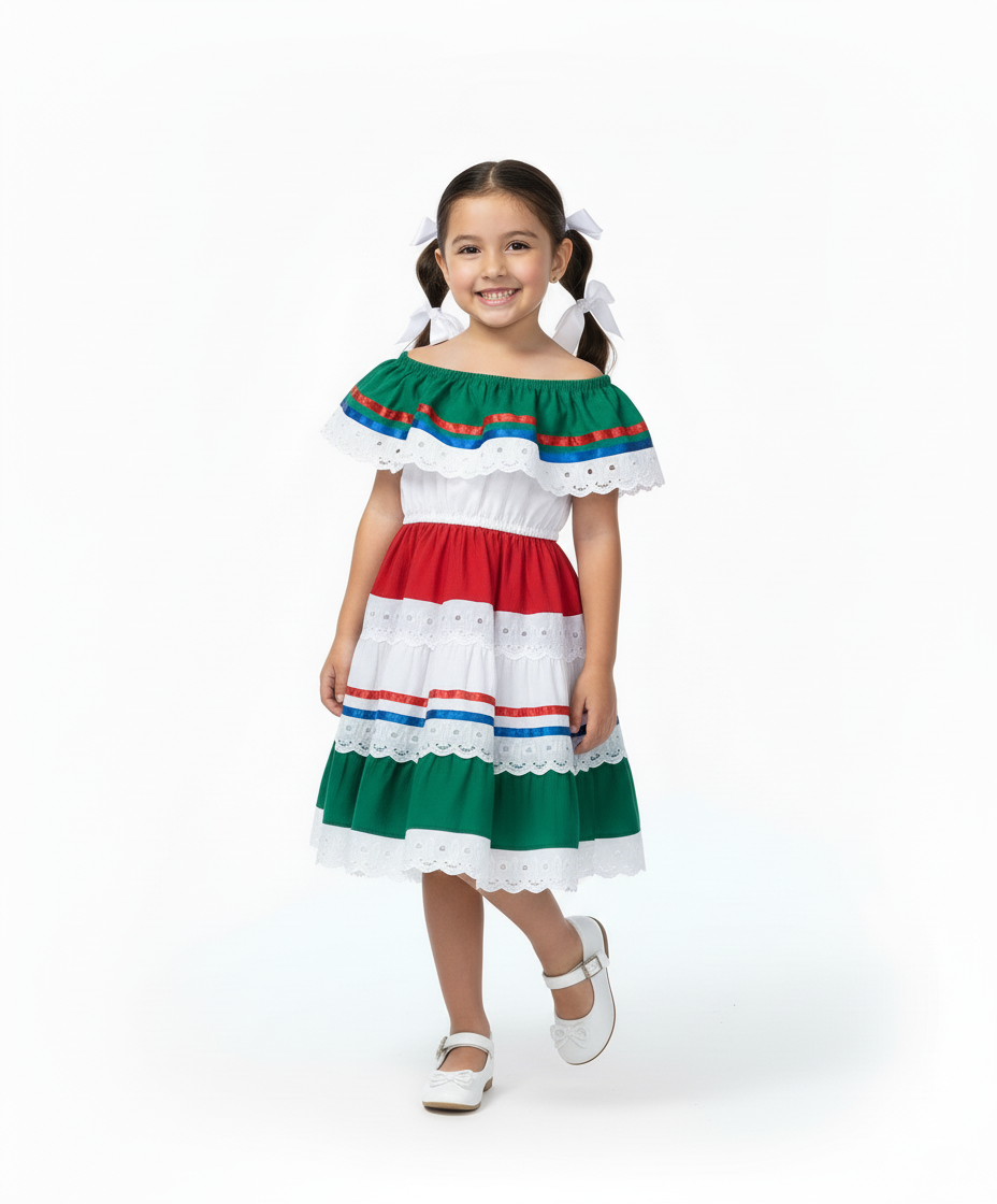 Girl's Royal/Green Traditional Mexican Dress (2-4) $10.00 (5-8) $10.00 and (10-14) $10.00 Per Piece. DR1949