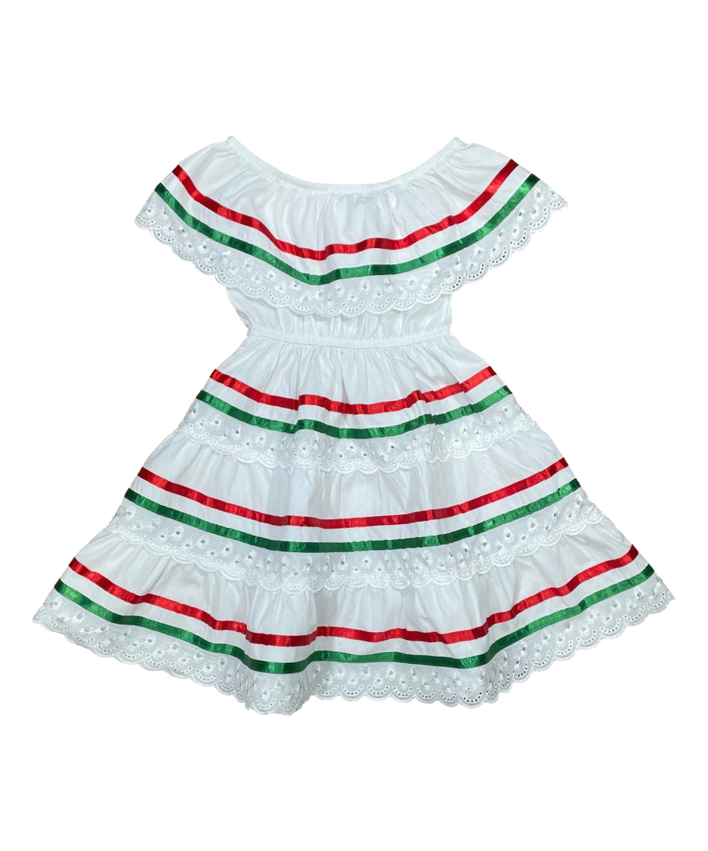 Girl's  White Stripe Traditional Mexican Dress with Lace Trims (2-4) (5-8) (10-14) $10.00 Per Piece. DR1949