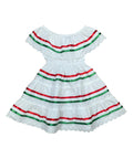 Girl's  White Stripe Traditional Mexican Dress with Lace Trims (2-4) (5-8) (10-14) $10.00 Per Piece. DR1949