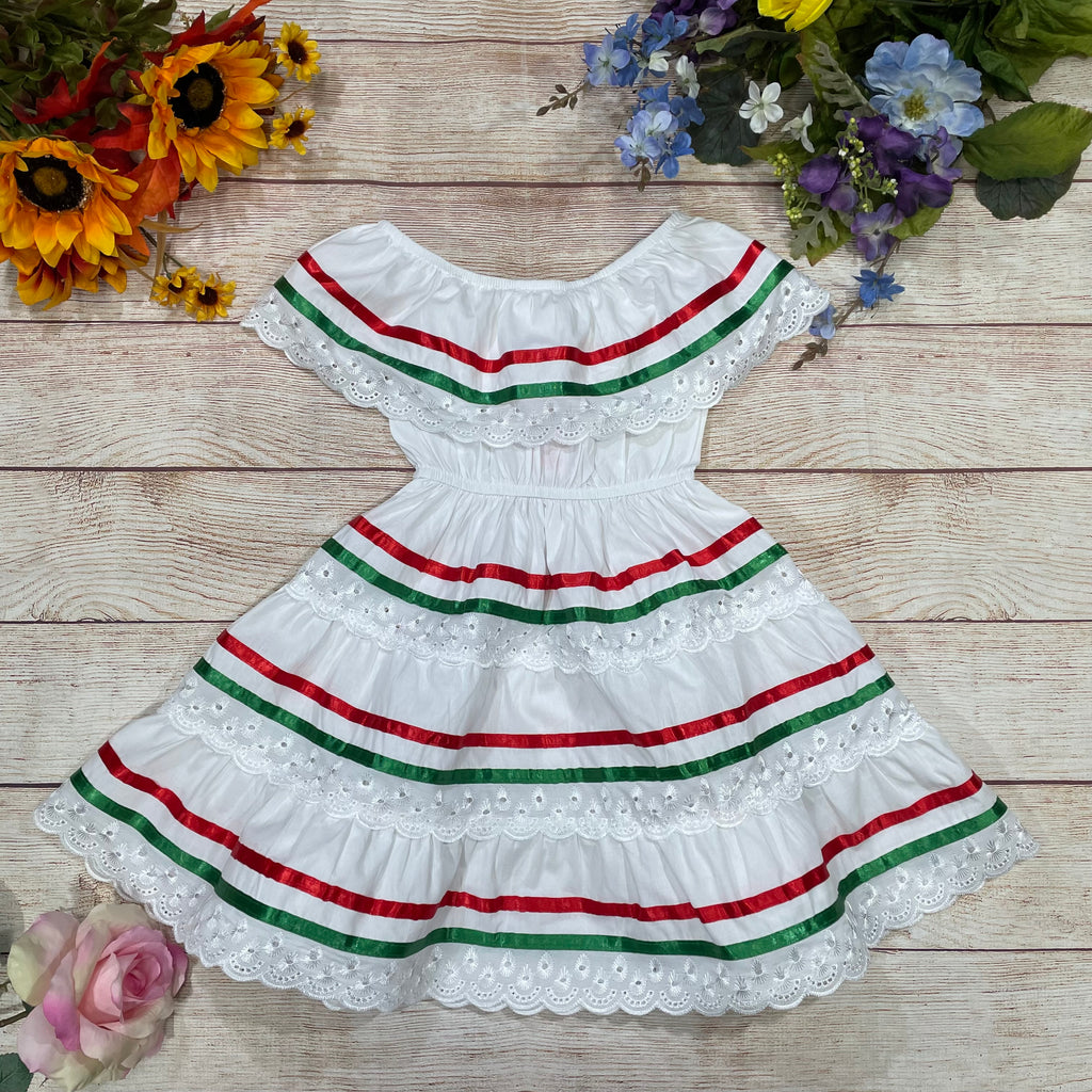 Girl's  White Stripe Traditional Mexican Dress with Lace Trims (2-4) (5-8) (10-14) $10.00 Per Piece. DR1949