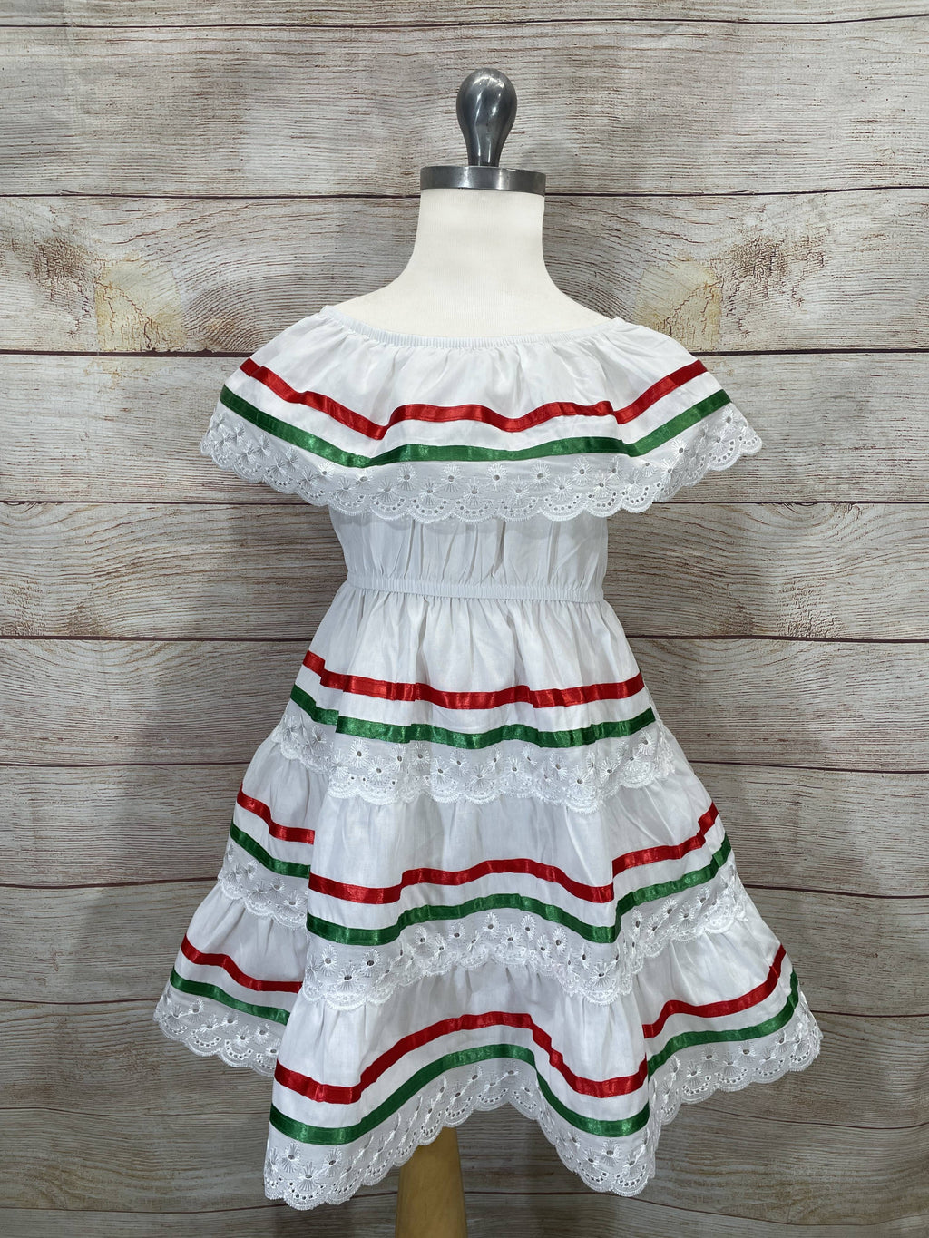 Girl's  White Stripe Traditional Mexican Dress with Lace Trims (2-4) (5-8) (10-14) $10.00 Per Piece. DR1949