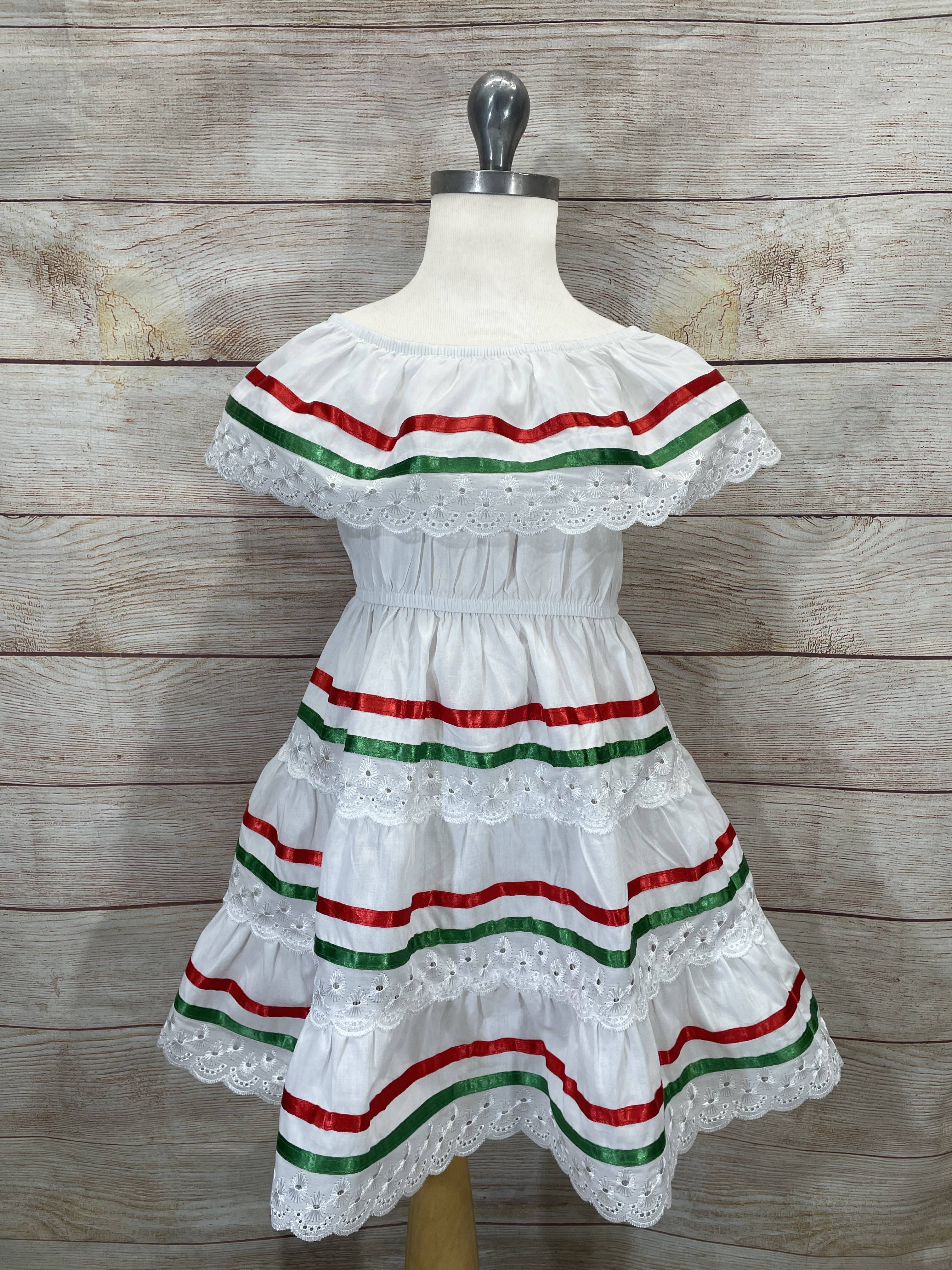 Girl's  White Stripe Traditional Mexican Dress with Lace Trims (2-4) (5-8) (10-14) $10.00 Per Piece. DR1949