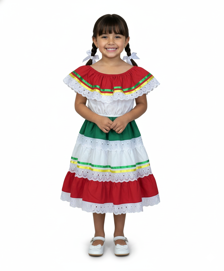 Girl's Yellow/Red Traditional Mexican Dress (2-4) $10.00 (5-8) $10.00 and (10-14) $10.00 Per Piece. DR1949