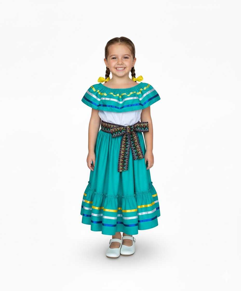 Fancy Mint Traditional Mexican Cinco De Mayo Fiesta Dress (4-14) $14.00 Per Piece