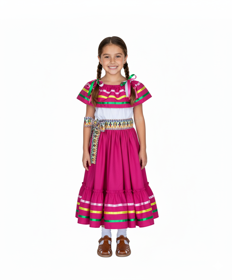 Fancy Pink Traditional Mexican Cinco De Mayo Fiesta Dress (4-14) $14.00 Per Piece