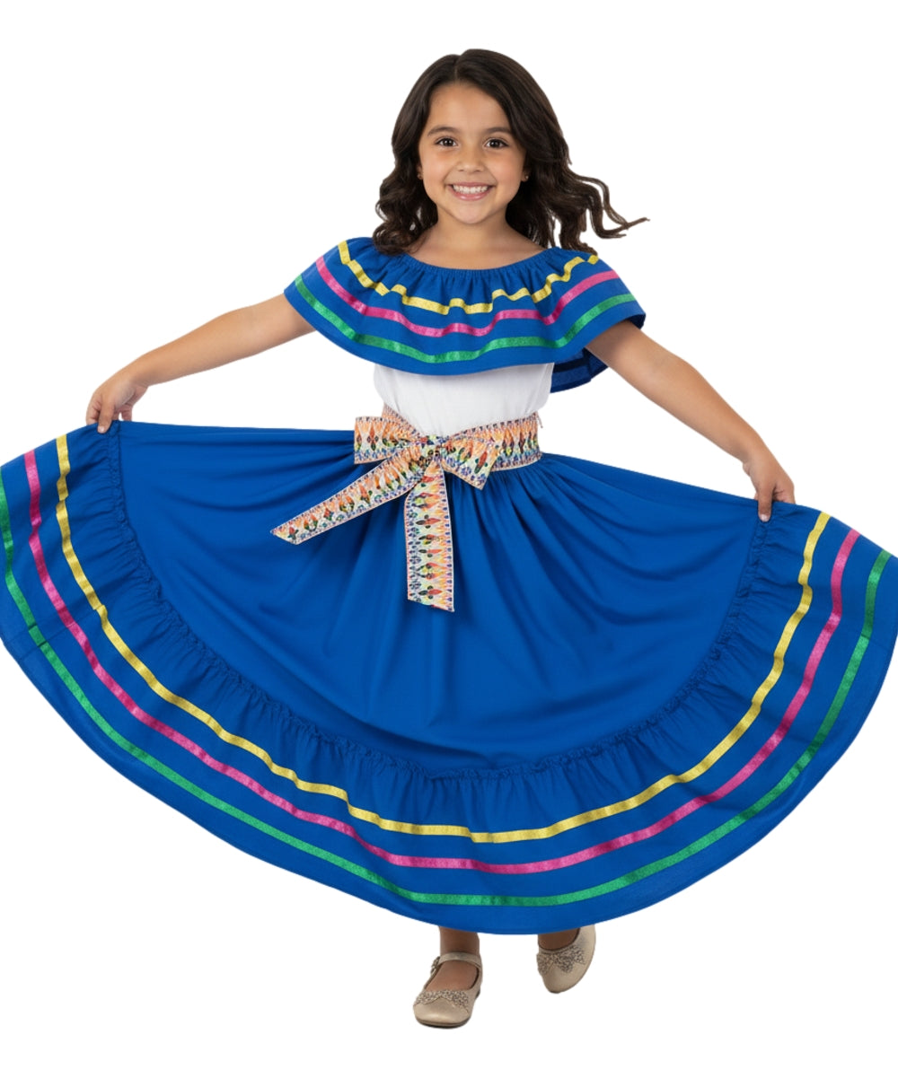 Fancy Royal Blue Traditional Mexican Cinco De Mayo Fiesta Dress (4-14) $14.00 Per Piece. DR2031