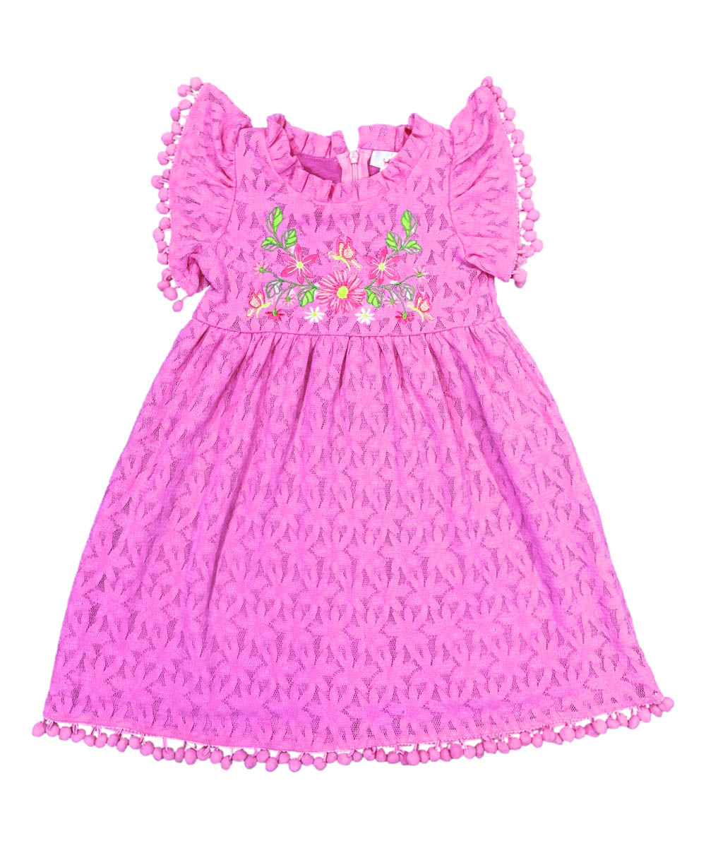 Ultra soft Lace and Pom Pom Embroidered Dress (2-4), (5-8) $6.00 Per Piece. DR 2232