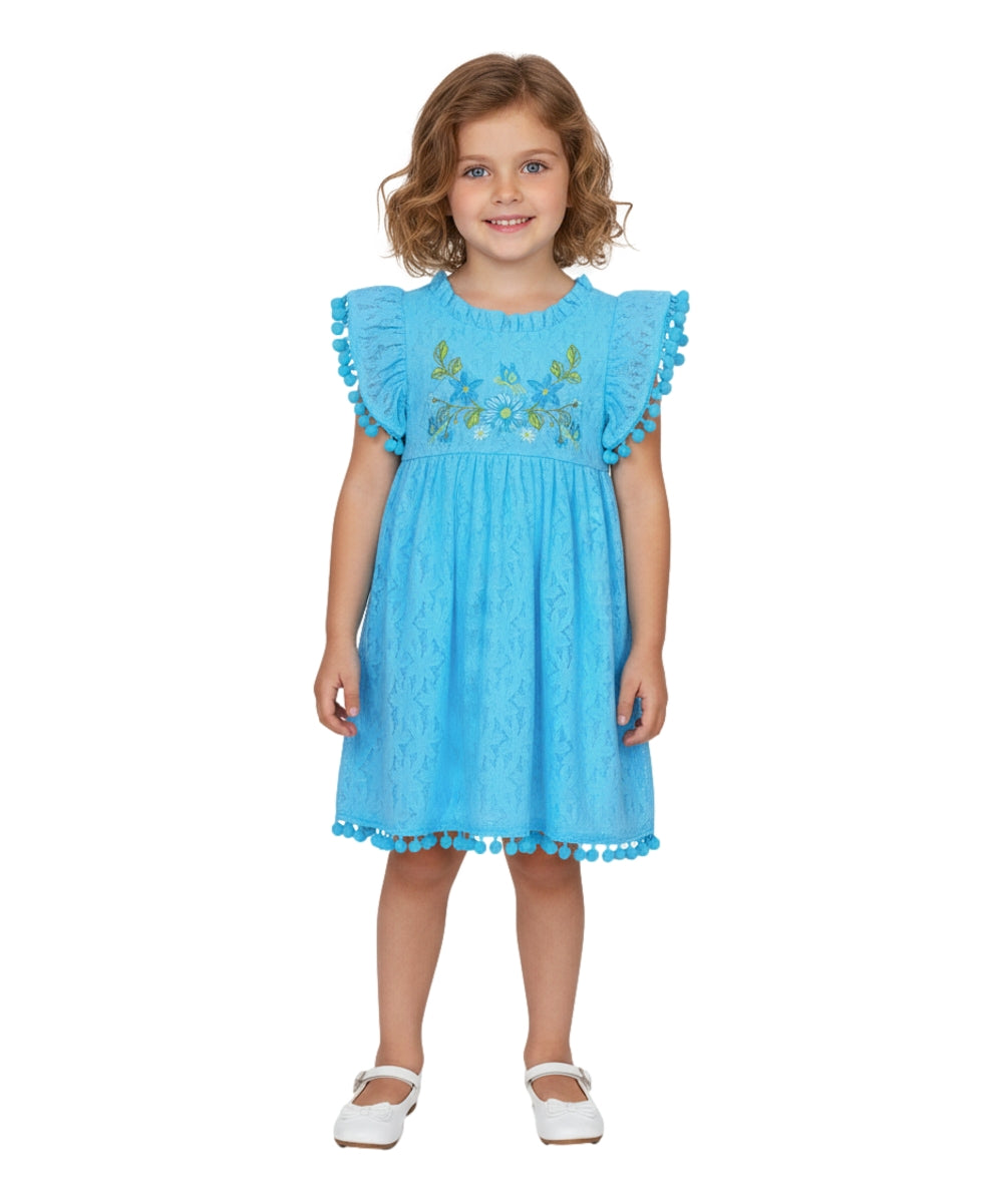 Ultra soft Lace and Pom Pom Embroidered Dress (2-4), (5-8) $6.00 Per Piece. DR 2232