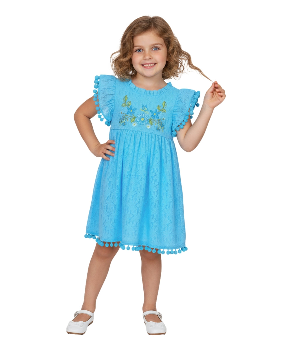 Ultra soft Lace and Pom Pom Embroidered Dress (2-4), (5-8) $6.00 Per Piece. DR 2232