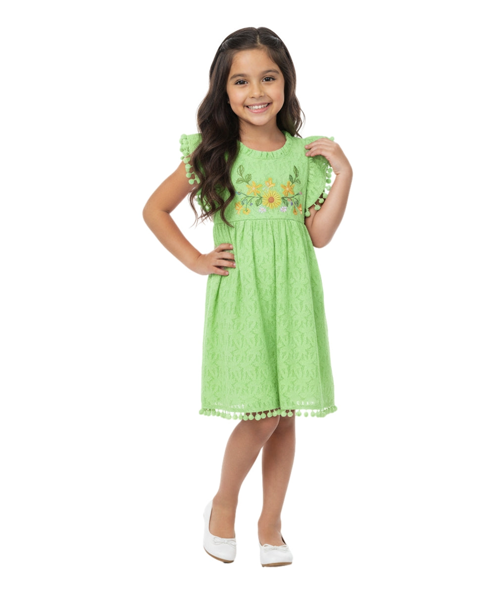 Ultra soft Lace and Pom Pom Embroidered Dress (2-4), (5-8) $6.00 Per Piece. DR 2232