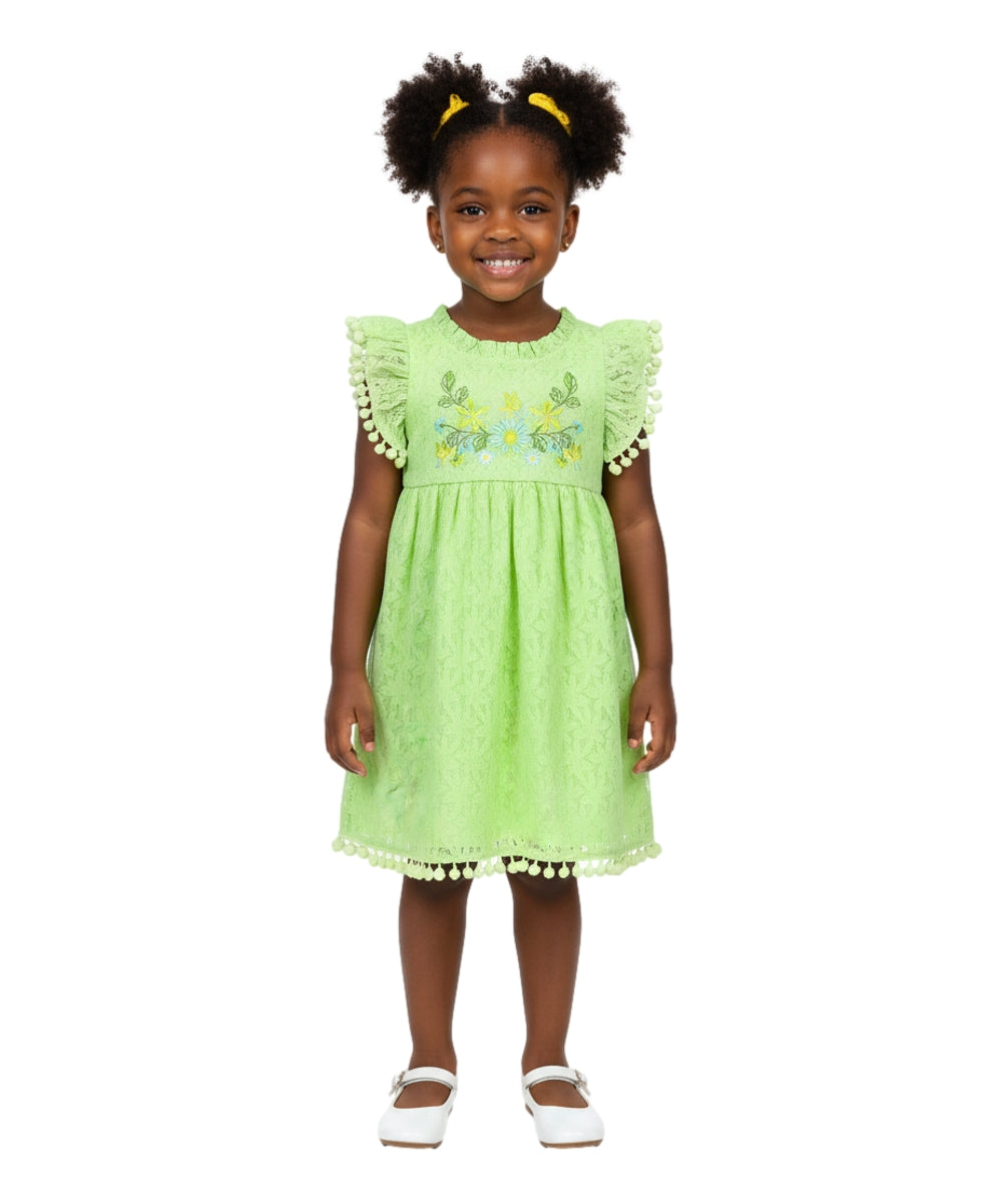 Ultra soft Lace and Pom Pom Embroidered Dress (2-4), (5-8) $6.00 Per Piece. DR 2232