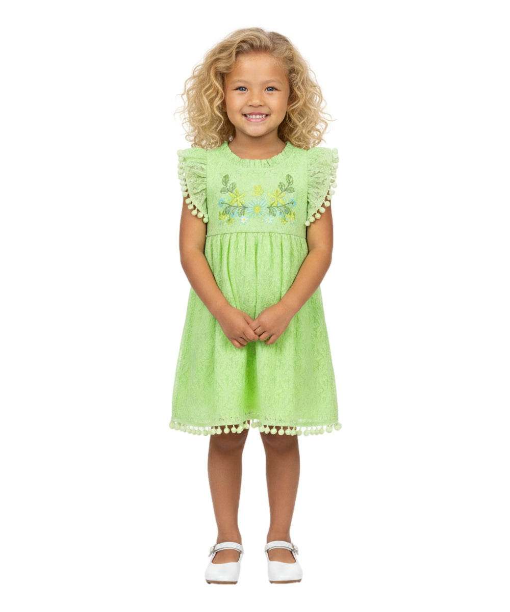Ultra soft Lace and Pom Pom Embroidered Dress (2-4), (5-8) $6.00 Per Piece. DR 2232