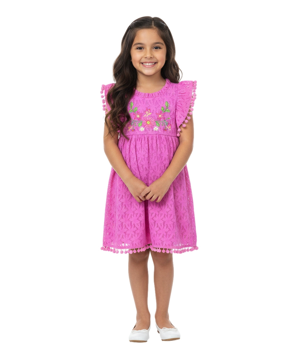 Ultra soft Lace and Pom Pom Embroidered Dress (2-4), (5-8) $6.00 Per Piece. DR 2232