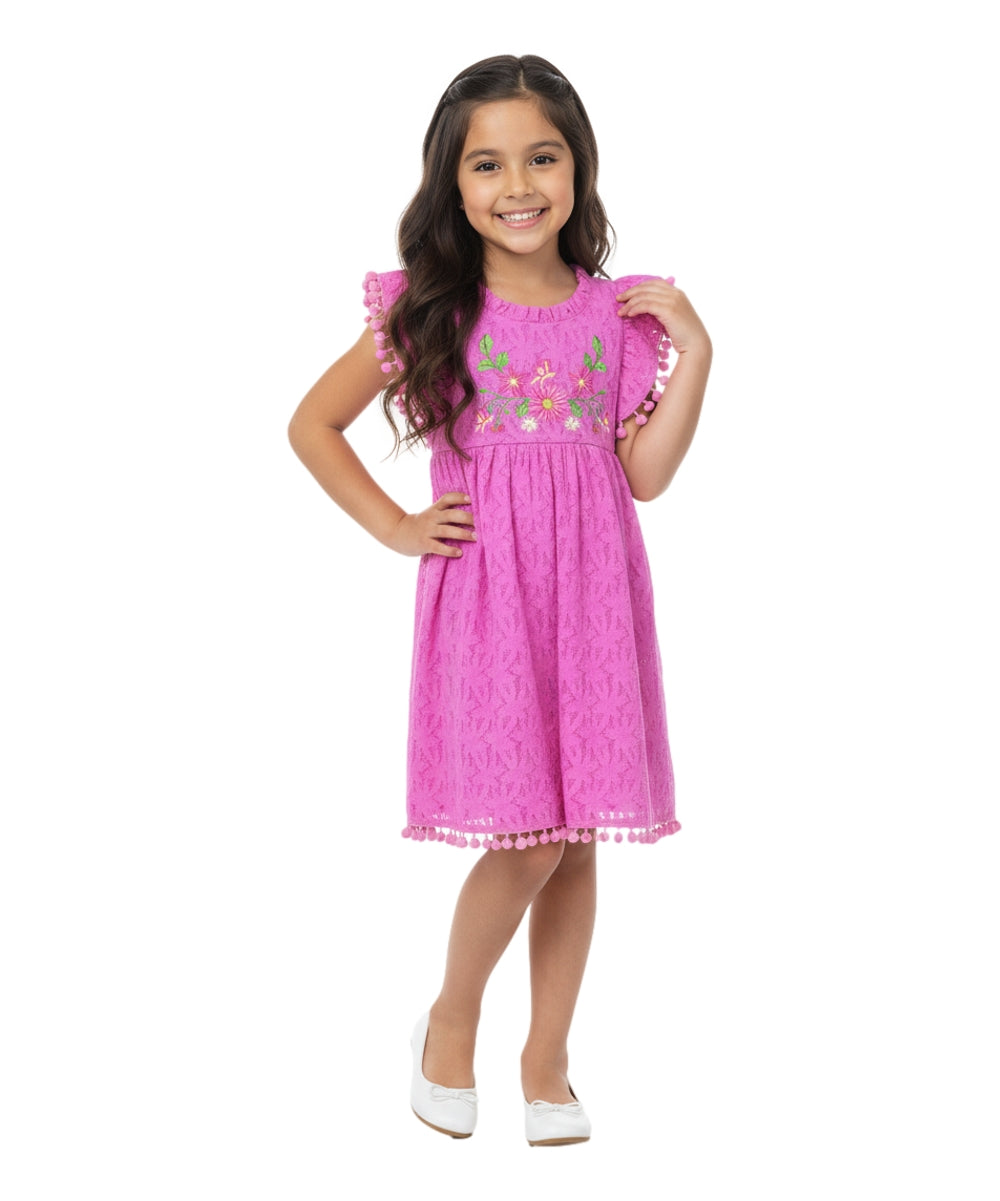 Ultra soft Lace and Pom Pom Embroidered Dress (2-4), (5-8) $6.00 Per Piece. DR 2232