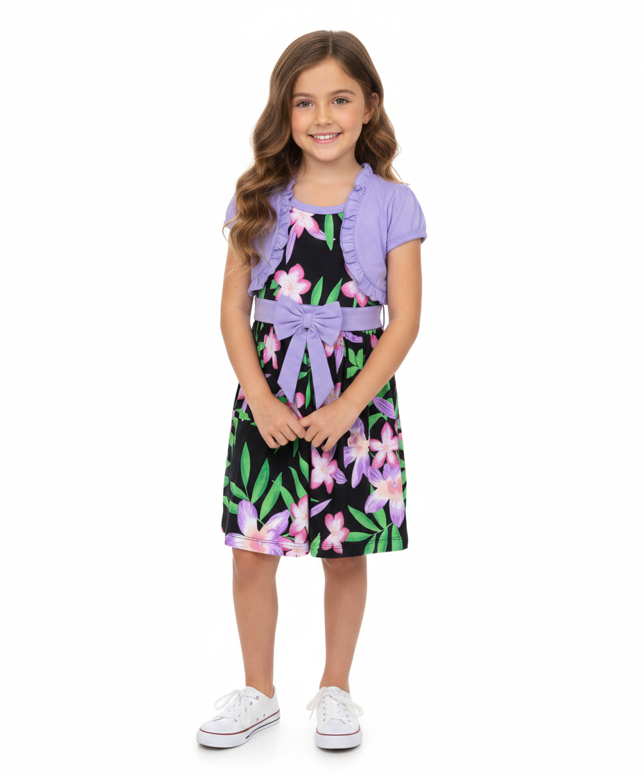 Cotton Tropical Dress with Removable Cardigan.  Size (12m-24m), (2-4), (5-8) $6 per unit. DR2238
