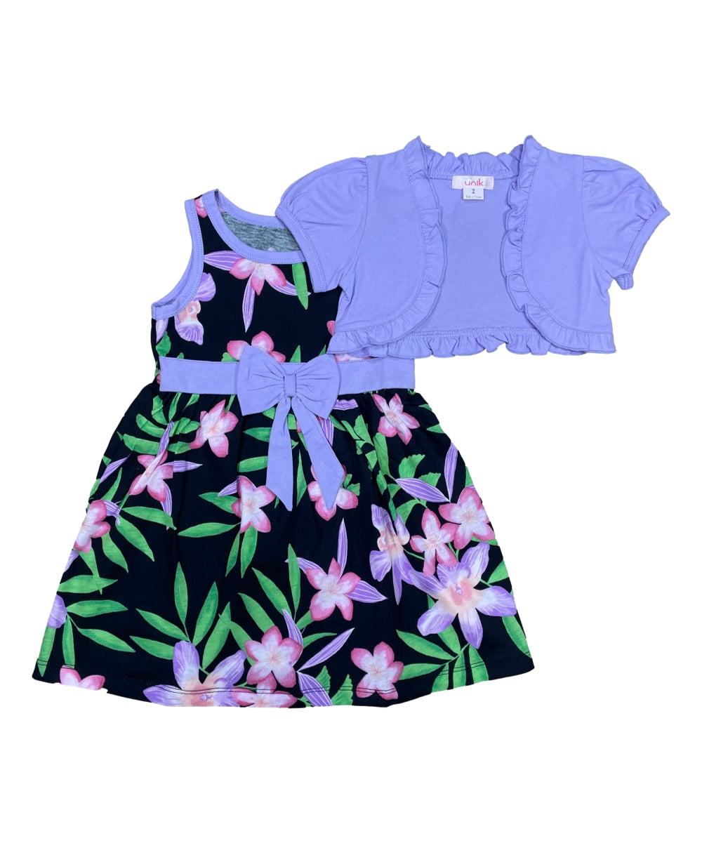 Cotton Tropical Dress with Removable Cardigan.  Size (12m-24m), (2-4), (5-8) $6 per unit. DR2238