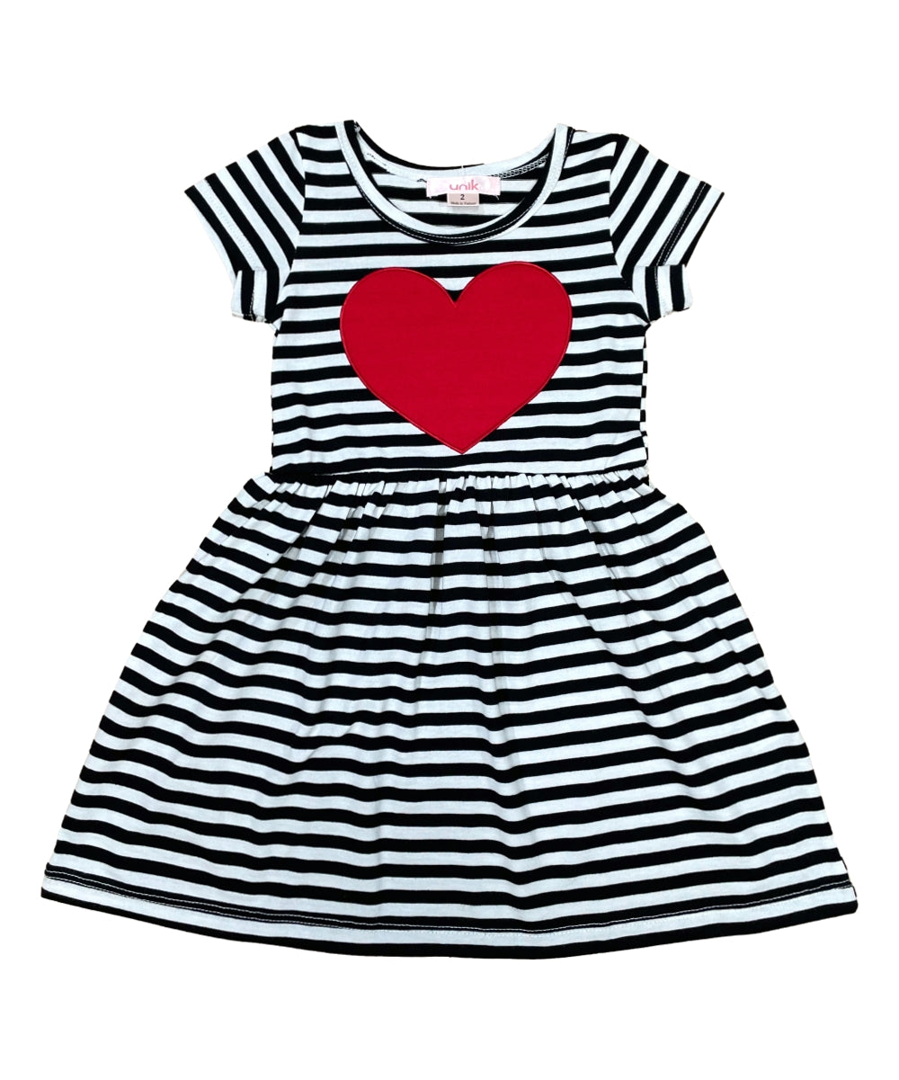 Modern Black Stripe Dress with Heart Applique 2-4, 5-8, $6 per piece. DR2241