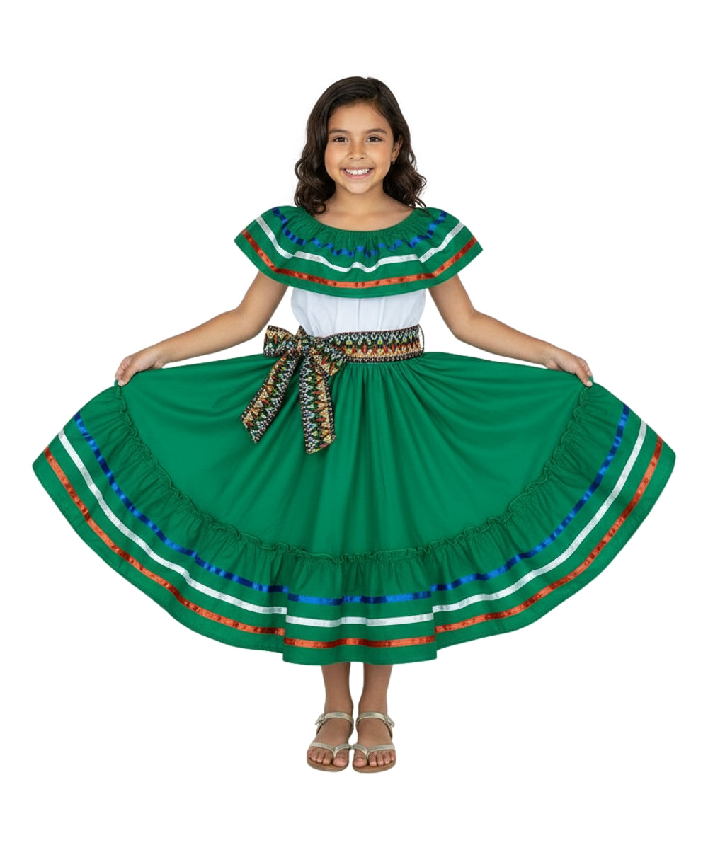 Fancy Green Traditional Mexican Cinco De Mayo Fiesta Dress (4-14) $14.00 Per Piece, DR20311