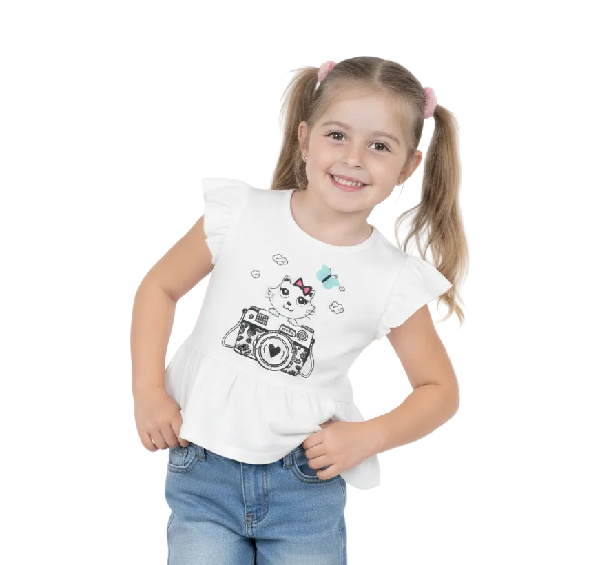 Girl Camera Kitty Peplum Top White 2-12 (6 Pack) $3.00 per piece. GB715