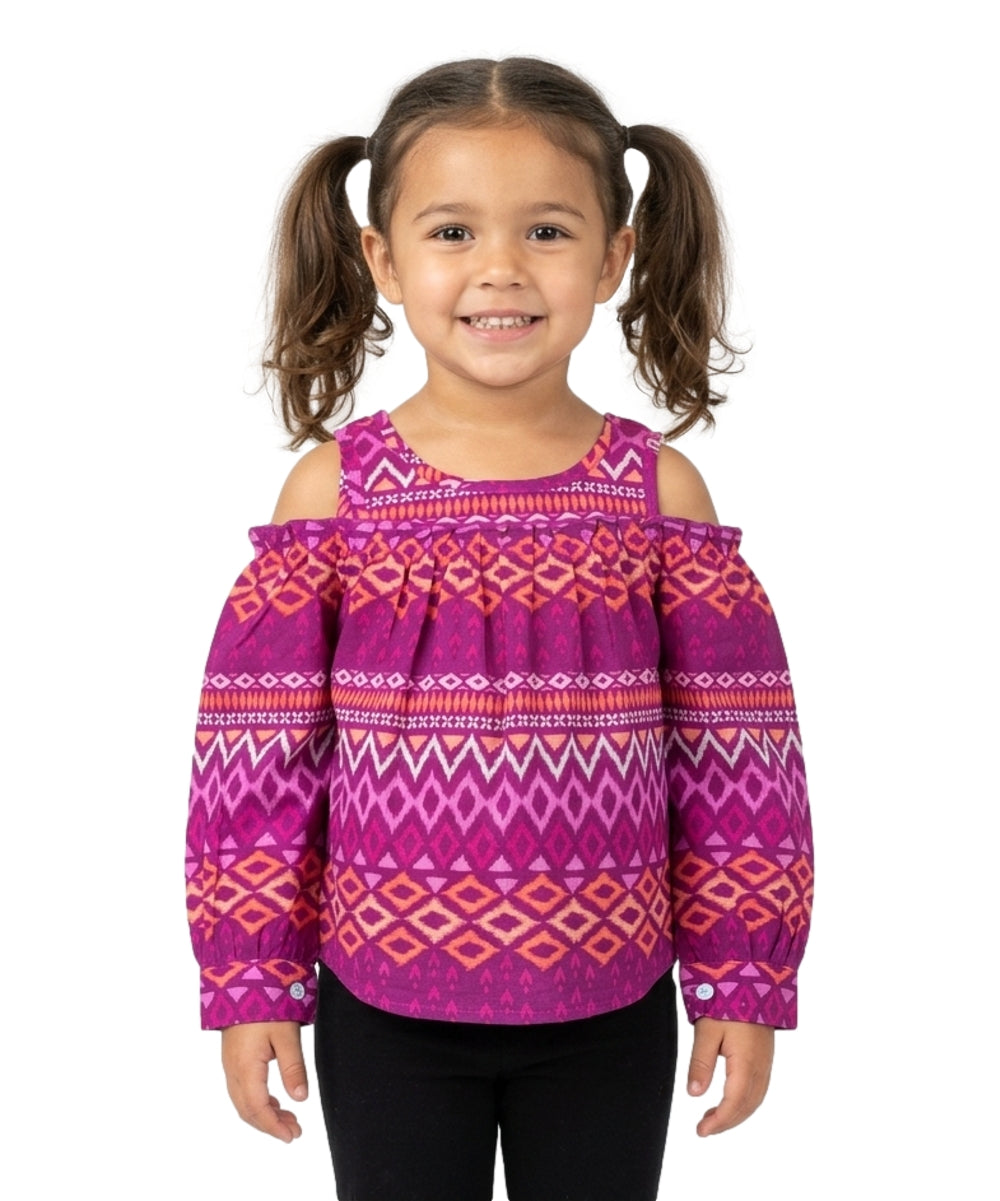 Girl Geometric Cold-Shoulder Long-Sleeve Blouse - Fuchsia 2-12 (6 Pack) $4.00 per piece GB716
