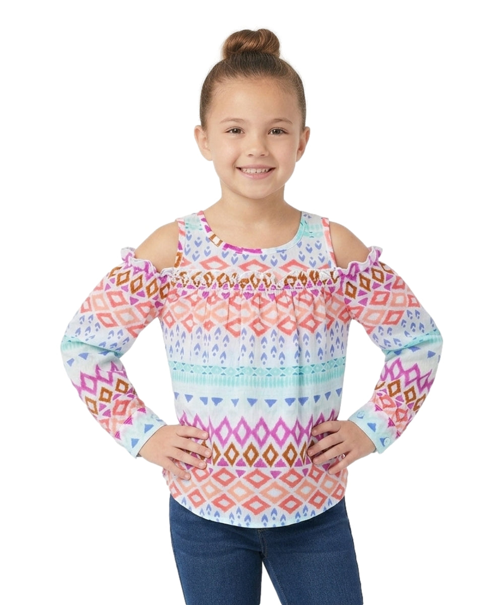 Girl Geometric Cold-Shoulder Long-Sleeve Blouse - White 2-12 (6 Pack) $4.00 per piece GB716