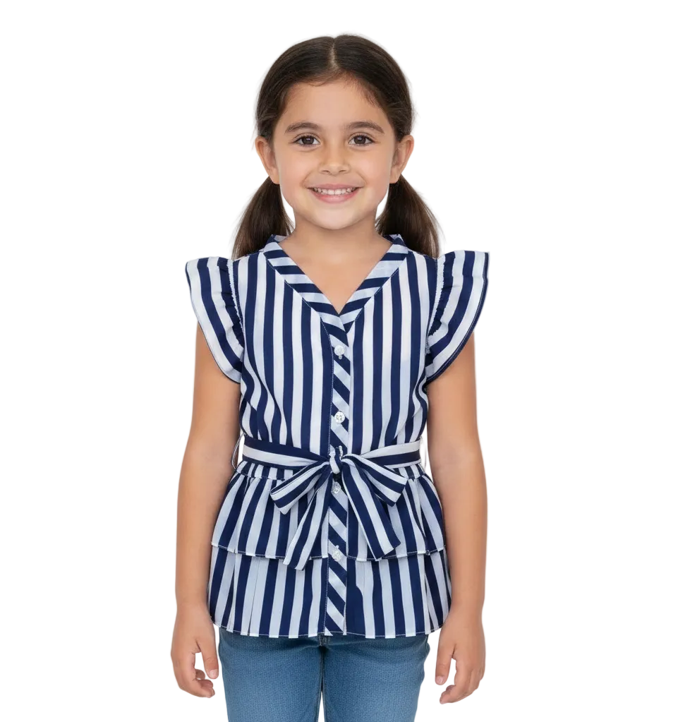Girl Stripe Ruffle Tie-Waist Angel-Sleeve - Navy  Size 2-12 (6 Pack) $3.00 Per Piece GB717