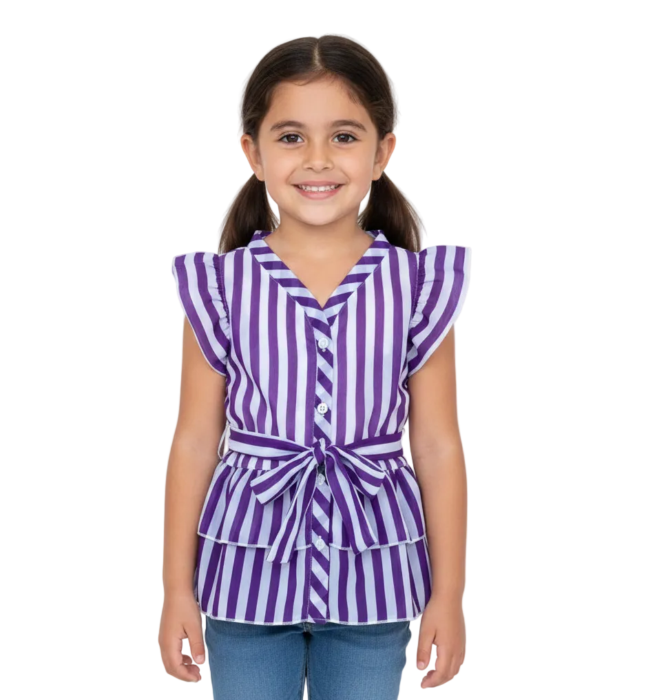 Girl Stripe Ruffle Tie-Waist Angel-Sleeve - Purple  Size 2-12 (6 Pack) $3.00 Per Piece GB717