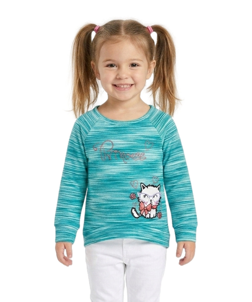 Girl Princess Kitty Long Sleeve Top - Teal  2-12 (6 Pack) $4.00 Per Piece GB723
