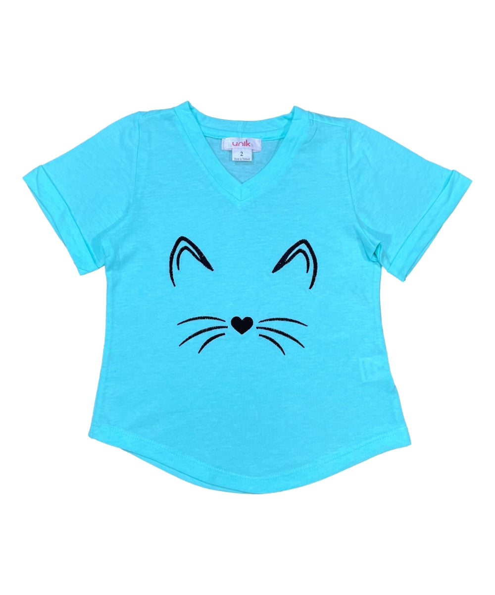 Girl Kitty Whiskers V-Neck Shirt - Mint  2-12 (6 Pack)  $4.00 per piece BG725