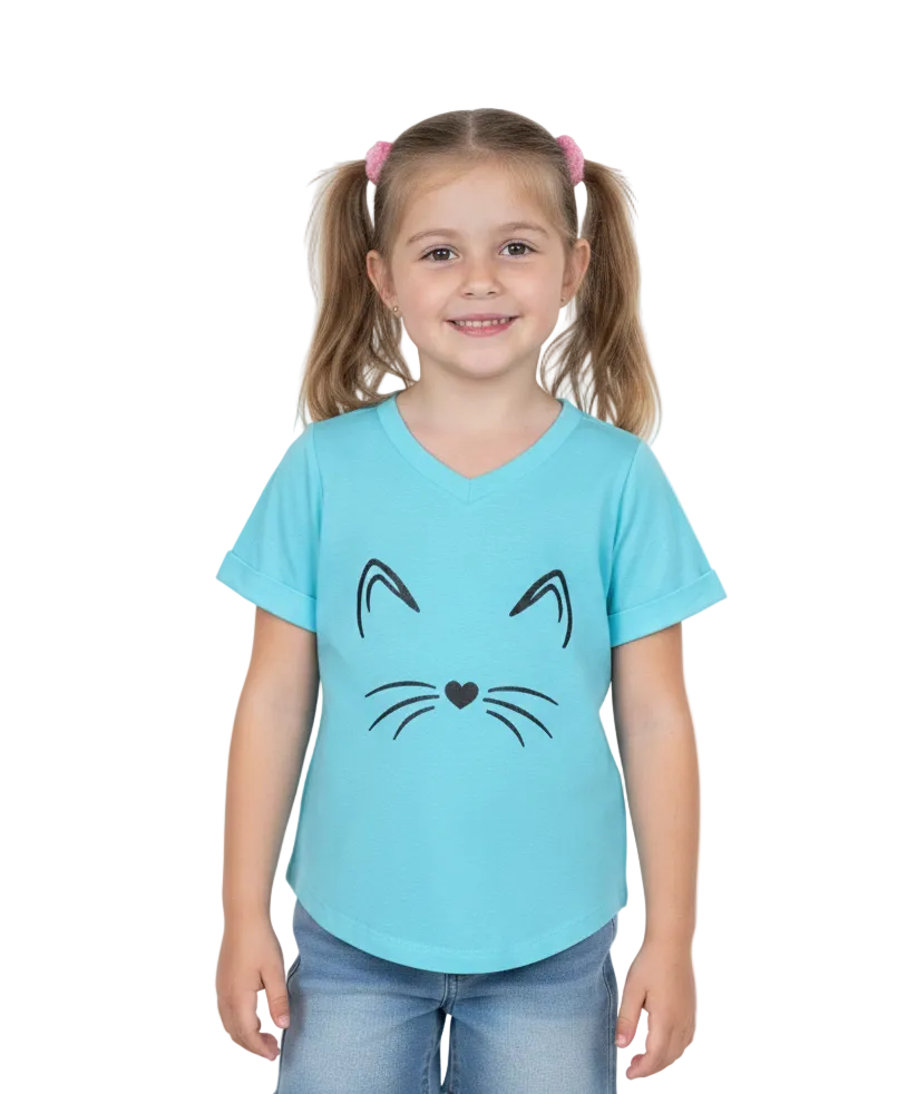 Girl Kitty Whiskers V-Neck Shirt - Mint  2-12 (6 Pack)  $4.00 per piece BG725