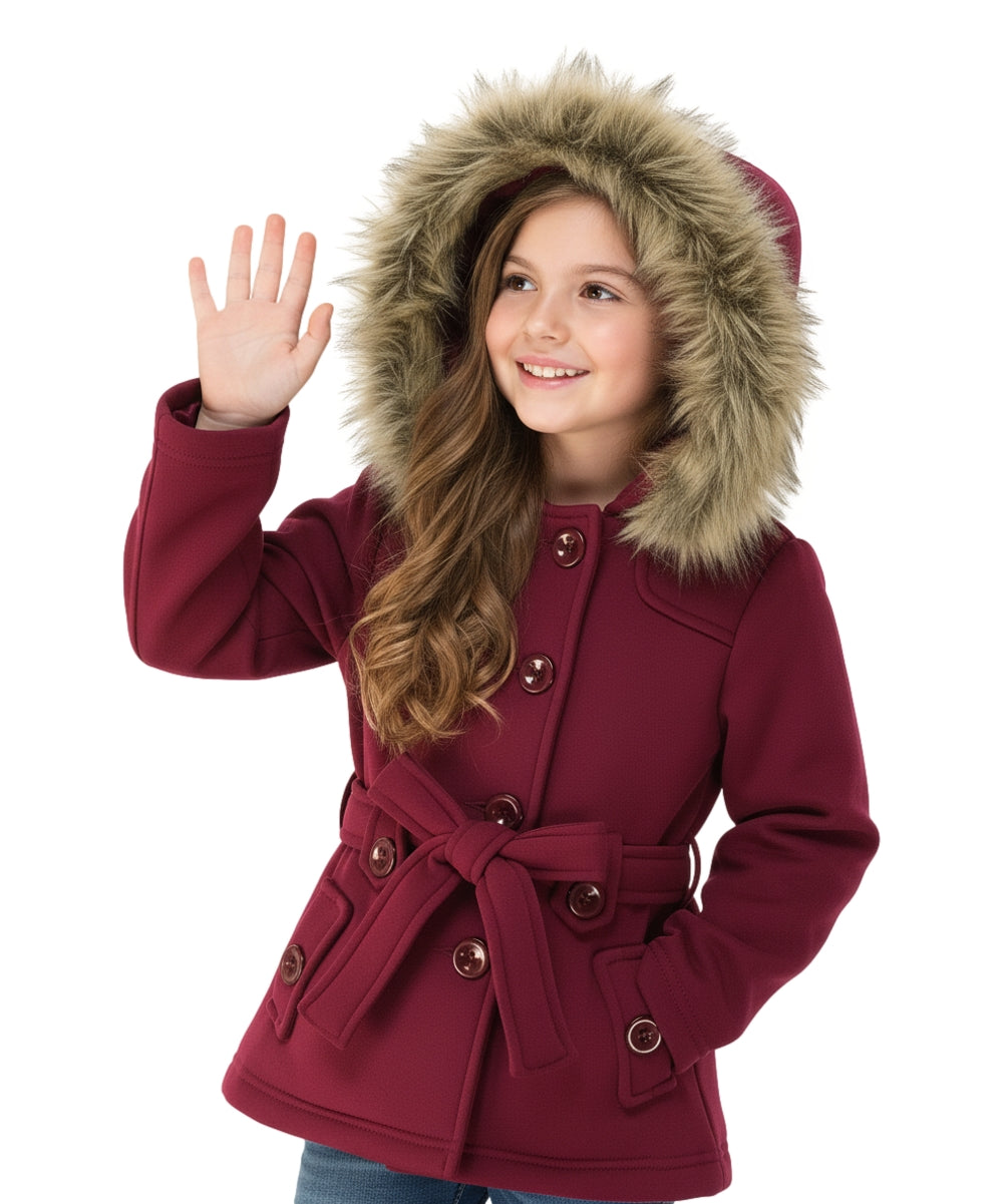 Girl Fleece Coat With Belt And Removable Fur Hood - Burgundy (2-4) $10.50 & (S-XL) $11.50