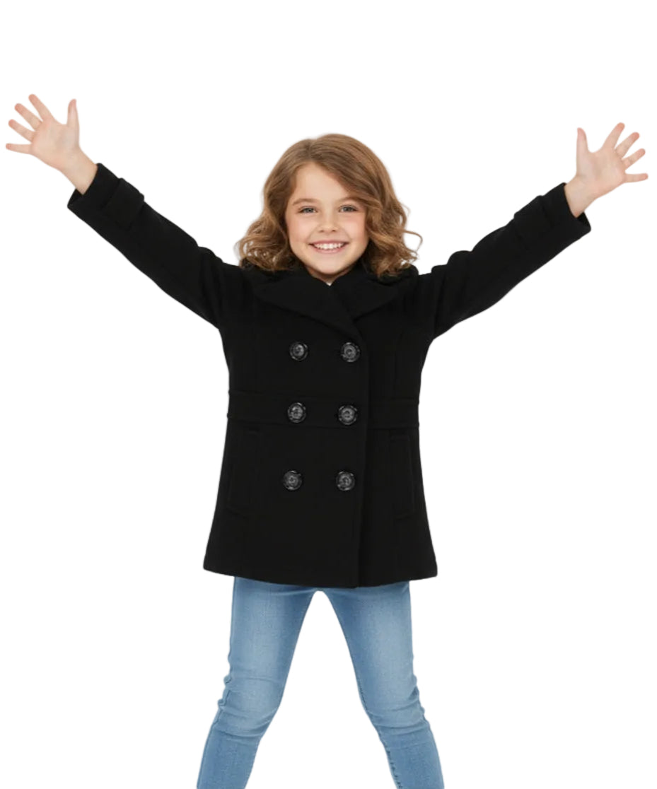Girl Fleece Pea Coat With Buttons - Black  (2-4) $9.50 and (S-XL) $10.50 Per Piece. GJ16107