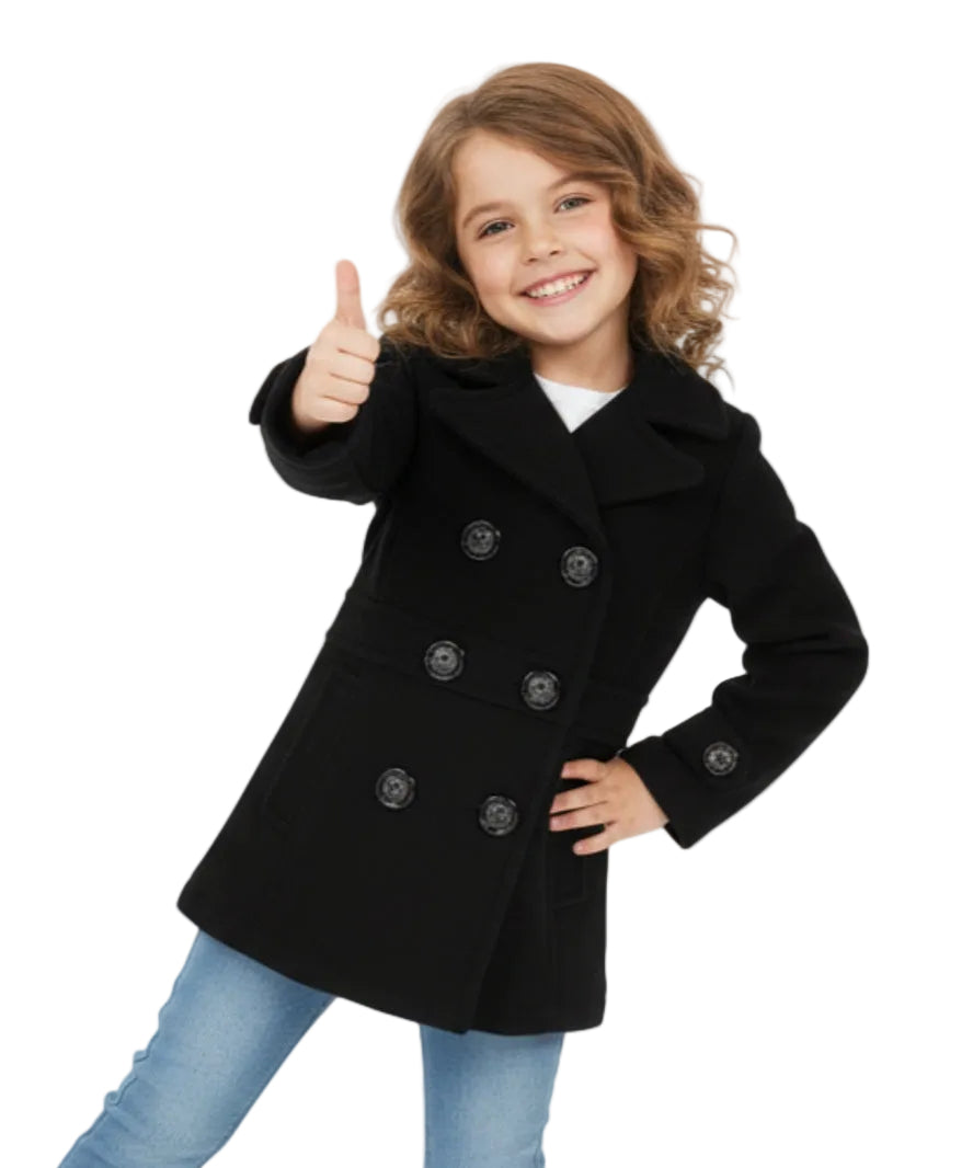 Girl Fleece Pea Coat With Buttons - Black  (2-4) $9.50 and (S-XL) $10.50 Per Piece. GJ16107