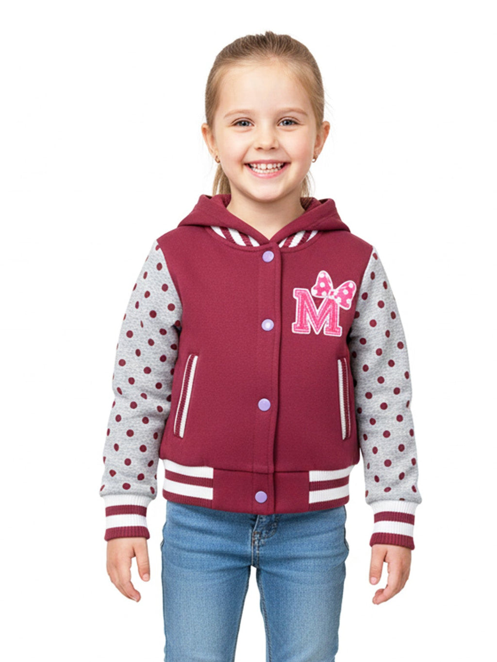 Girl Varsity Jacket With Polka Dots - Plum (2-4) $9.50 (S-XL) $10.50 Per Piece. GJ16117