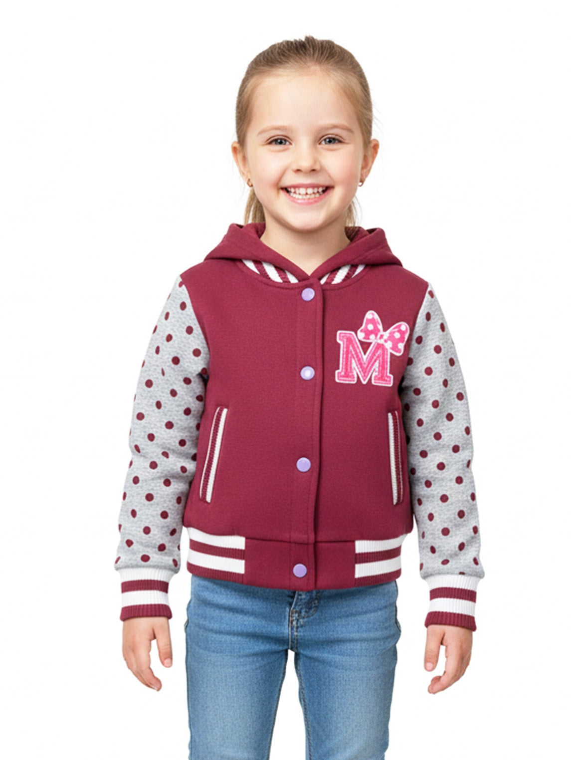 Girl Varsity Jacket With Polka Dots - Plum (2-4) $9.50 (S-XL) $10.50 Per Piece. GJ16117