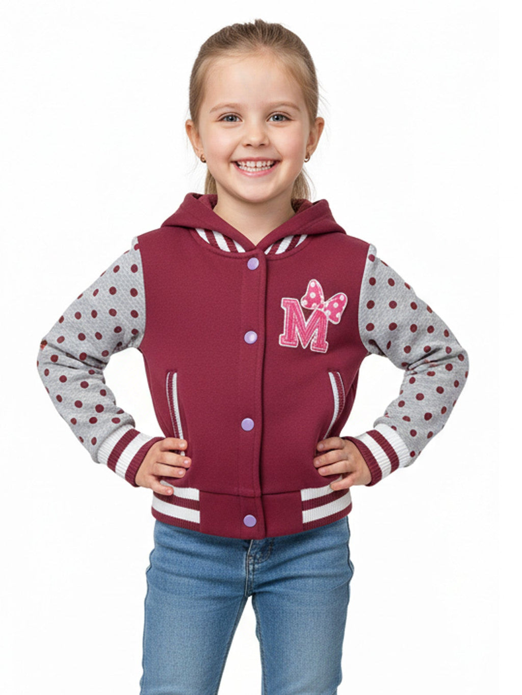 Girl Varsity Jacket With Polka Dots - Plum (2-4) $9.50 (S-XL) $10.50 Per Piece. GJ16117