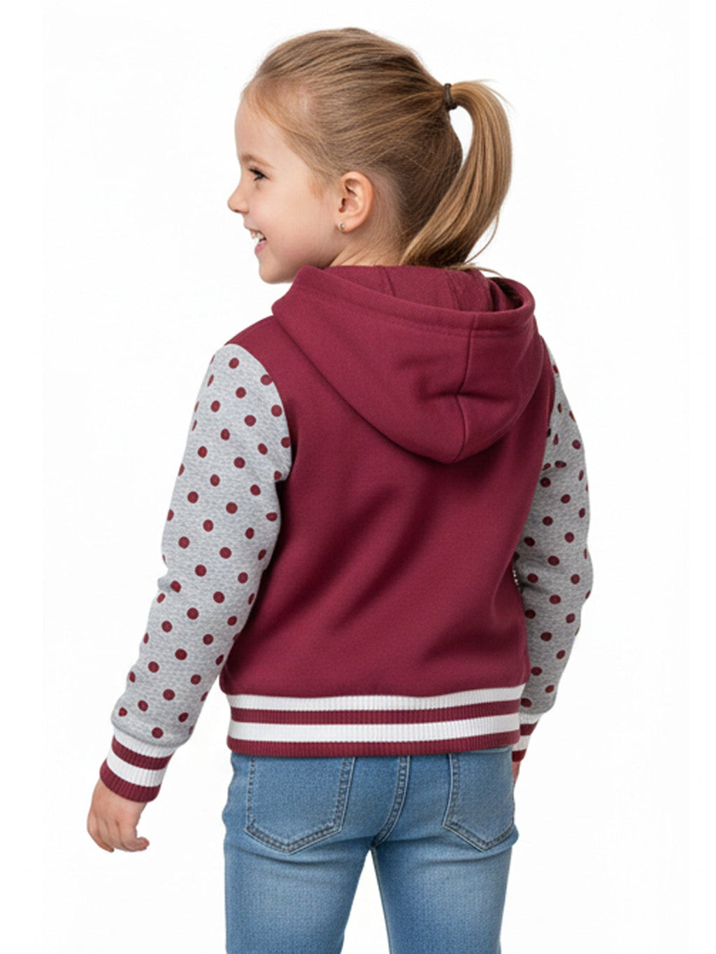 Girl Varsity Jacket With Polka Dots - Plum (2-4) $9.50 (S-XL) $10.50 Per Piece. GJ16117
