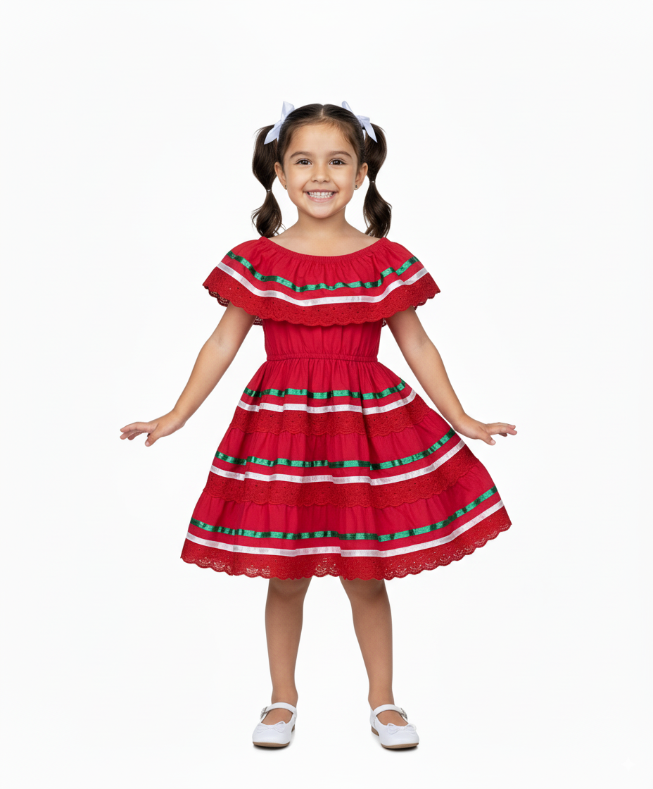 Girl's Red Traditional Mexican Dress with Lace Trims (2-4) (5-8) (10-14) $10.00 Per Piece. DR1949