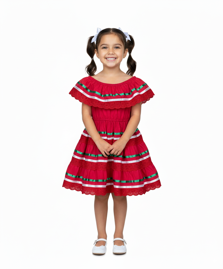 Girl's Red Traditional Mexican Dress with Lace Trims (2-4) (5-8) (10-14) $10.00 Per Piece. DR1949