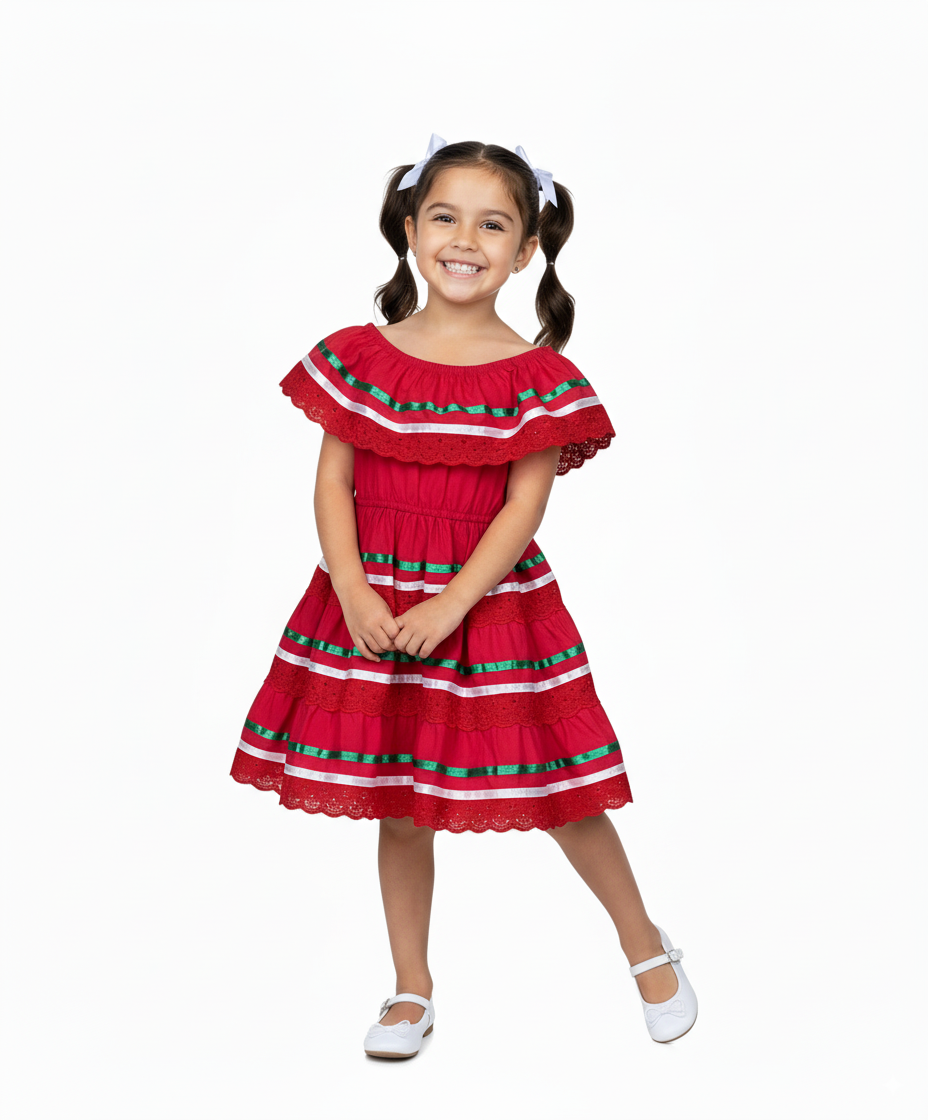 Girl's Red Traditional Mexican Dress with Lace Trims (2-4) (5-8) (10-14) $10.00 Per Piece. DR1949