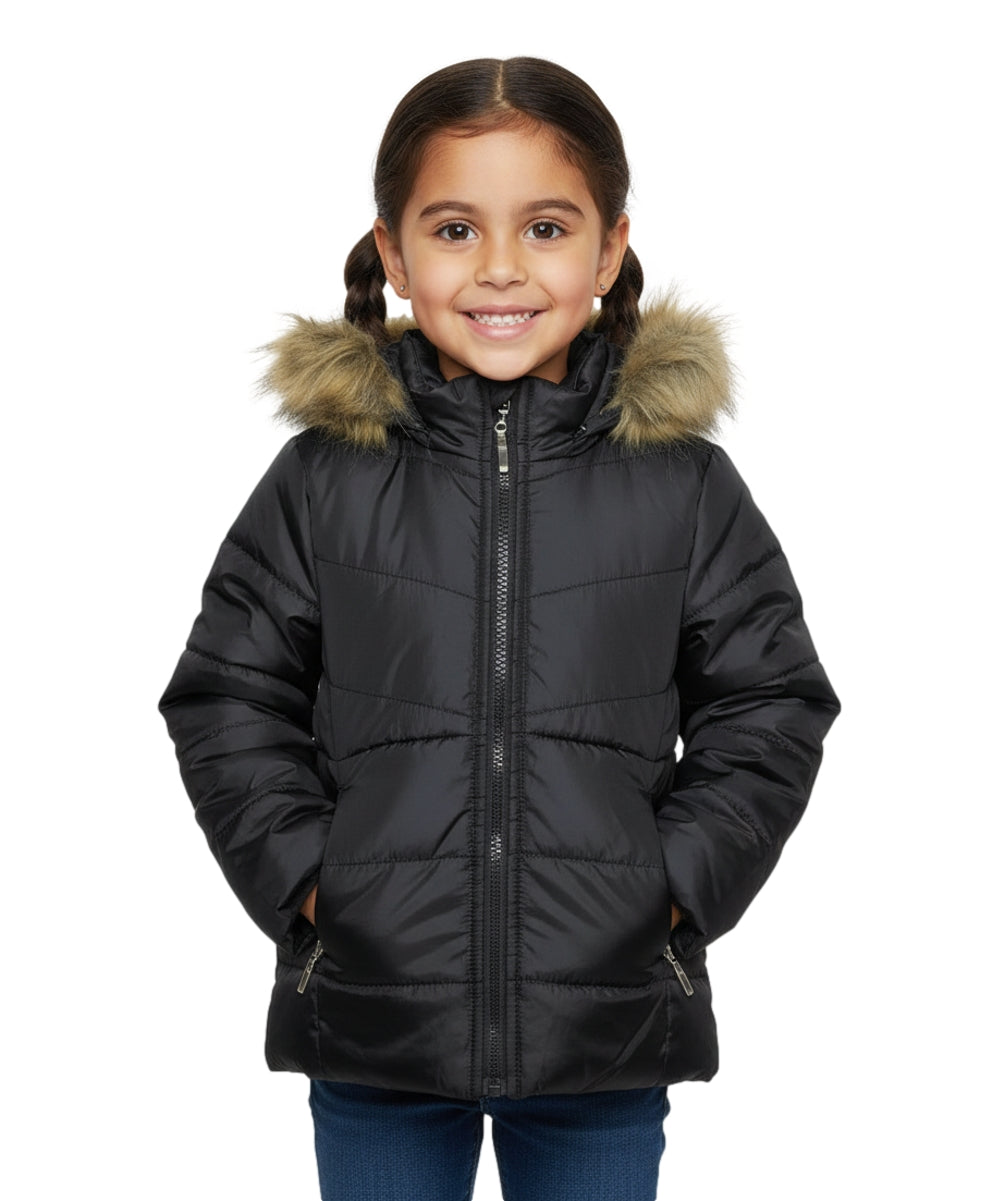 Girl Zipper Faux Fur Hooded Puffer Jacket - Black (2-4) $12.50 and (S-XL) $13.50 Per Piece